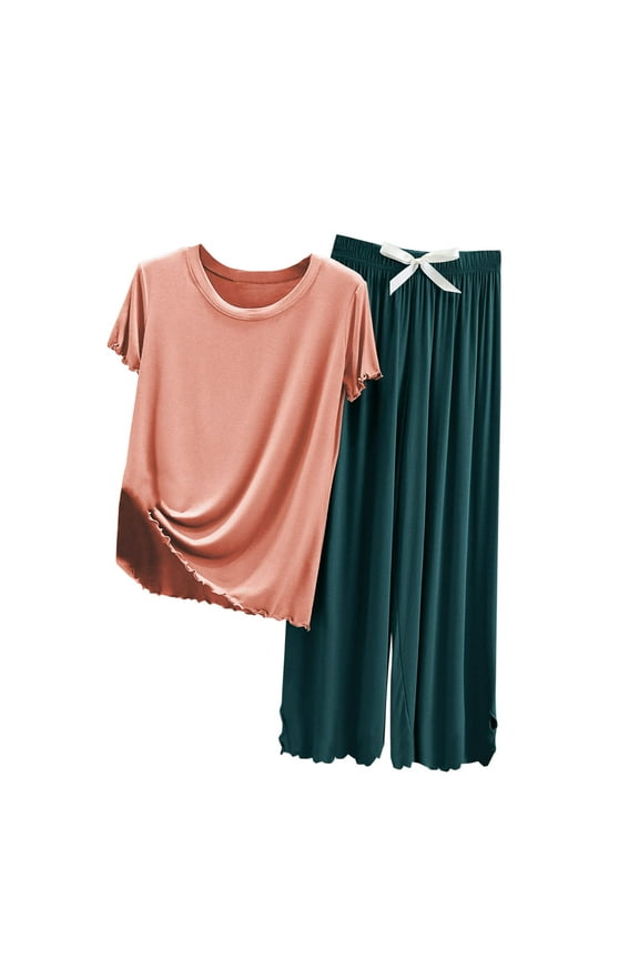 Women's Fashion Color-Block Oversized Crewneck Short Sleeve Pant Sleepwear Set | M-2XL | Modal Cotton Polyester Blend | Multi-Scene Loungewear
