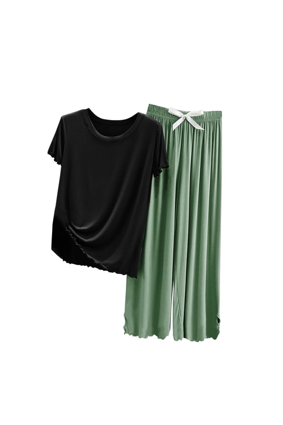 Women's Fashion Color-Block Oversized Crewneck Short Sleeve Pant Sleepwear Set | M-2XL | Modal Cotton Polyester Blend | Multi-Scene Loungewear