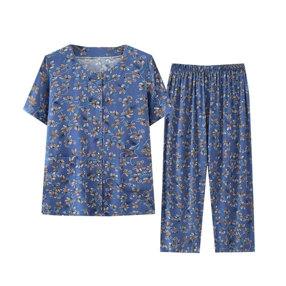 Tnhcen Women's Fashion Floral Print Short Sleeve Crewneck Button-Front Sleepwear Set | Loose Fit Top+Pants | XL-5XL | Soft Cotton Loungewear