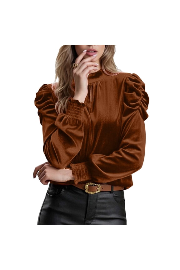 Women's Fashion Long Sleeve Stand Collar Solid Color Taffeta Velvet Puff Sleeve Blouse Top, Plus Size S - 2XL, Elegant Women's Shirt Women's Fashion Tops