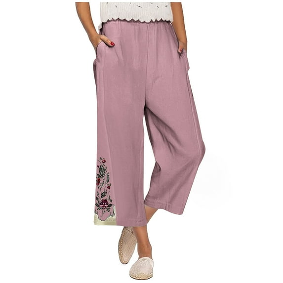 Tnhcen Women's Fashion Pre-Shrunk Wide Leg Pants - 9Inch Cuff Hem Embroidered Ankle Pants with Elastic Waistband Relaxed Fit & Comfortable Casual Straight Leg Trousers for Women S-2XL
