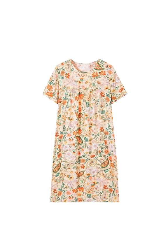 Women's Fashion Print Crewneck Mid-Length Sleepwear Dress | Plus Size XL-3XL | Cotton Loungewear & Outdoor Ready