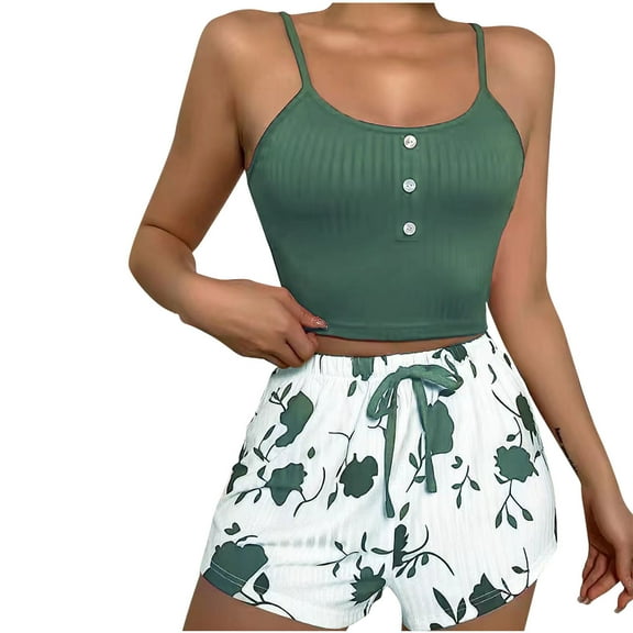 Tnhcen Women's Fashion Print Tank & Print Shorts Sleepwear Set - Casual Home Pajama for S to 2XL
