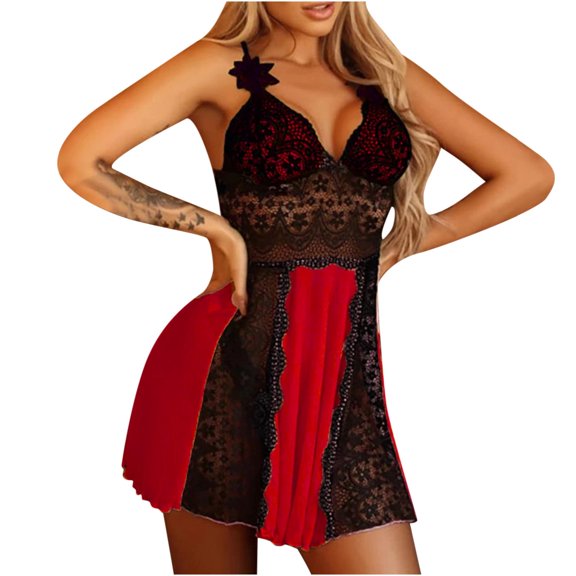 Tnhcen Women's Fashion Sling Underwear Lace Bow Mesh Nightdress Pajamas for Women Womens Nightgown Nightwear Women's Sleepwear Underwear for Women Red