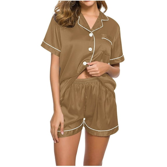Tnhcen Women's Fashion Solid Crewneck Button-Up Pocket Short Sleeve Top + Elastic Waist Shorts Sleepwear Set | S-2XL | Pajamas Set Loungewear