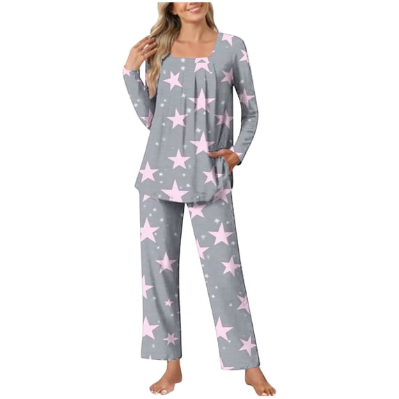 Tnhcen Women's Fashionable Printed Casual Pajamas Set Long Sleeve Round Neck Pants Nightwear With Pockets Home Clothes Set S-2XL