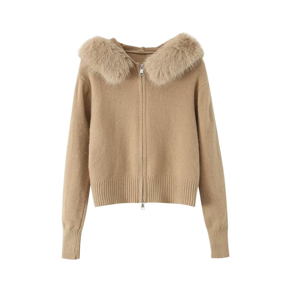 Tnhcen Women's Faux Fur Collar Cardigan Double Zipper Sweater Nylon Spandex Blend Top Winter Warm Knitwear Casual Chic Outerwear Soft Matte Finish Jacket S-M Size Women Clothing
