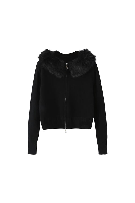 Women's Faux Fur Collar Cardigan Double Zipper Sweater Nylon Spandex Blend Top Winter Warm Knitwear Casual Chic Outerwear Soft Matte Finish Jacket S-M Size Women Clothing