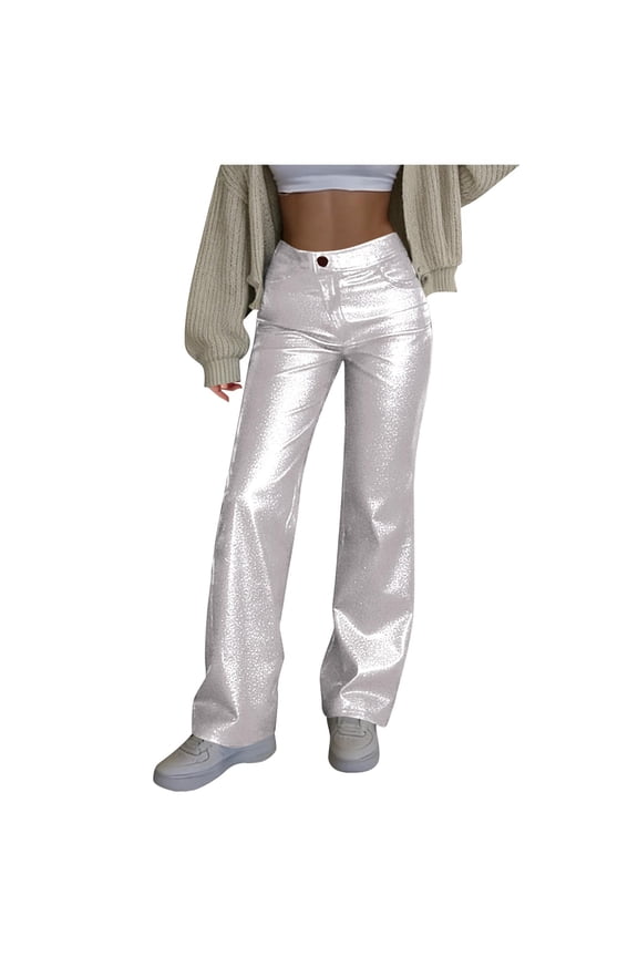 Women's Faux Leather Wide Leg Pants, PU Leather Trousers with Button & Zipper, High Waisted Elastic Waist Casual Chic Pants for Women S-2XL
