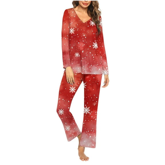 Tnhcen Women's Festive 2-Piece Christmas Snowflake Print Pajamas Set Cozy Soft V-Neck Long Sleeve Top Pants Set Nightwear Lounge Wear S-3XL