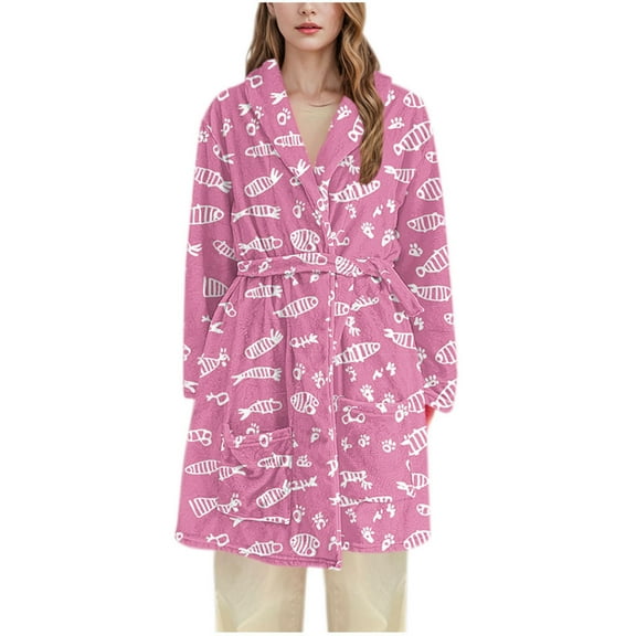 Tnhcen Women's Fish Print Robe Flannel Bathrobe Long Sleepwear Cozy Loungewear Sizes M-3XL Multiple Colors Available
