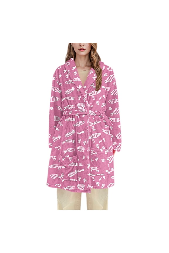Women's Fish Print Robe Flannel Bathrobe Long Sleepwear Cozy Loungewear Sizes M-3XL Multiple Colors Available