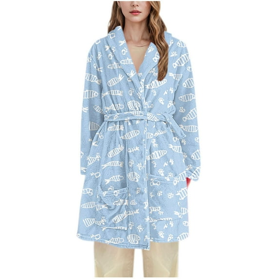 Tnhcen Women's Fish Print Robe Flannel Bathrobe Long Sleepwear Cozy Loungewear Sizes M-3XL Multiple Colors Available