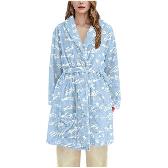 Tnhcen Women's Fish Print Robe Flannel Bathrobe Long Sleepwear Cozy Loungewear Sizes M-3XL Multiple Colors Available