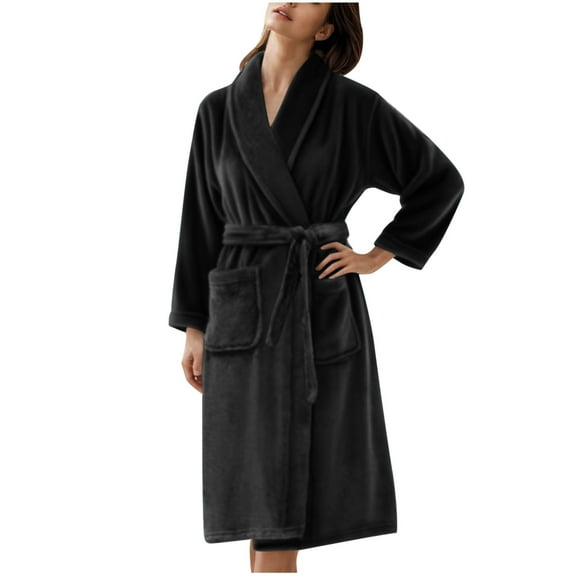 Tnhcen Women's Flannel Solid Long Sleeve Robe with Pockets & Belt - Warm Couple Matching Pajama Sleepwear Casual Home Dress M-3XL