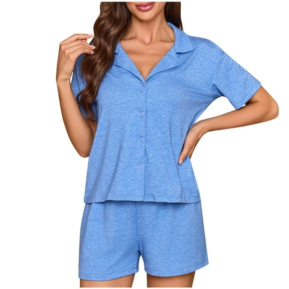 Tnhcen Women's Flip Collar Button Front Sleepwear Set - Cotton Blend Short Sleeve with Elastic Waist Shorts Loungewear for S-XL Ladies Pajamas Set