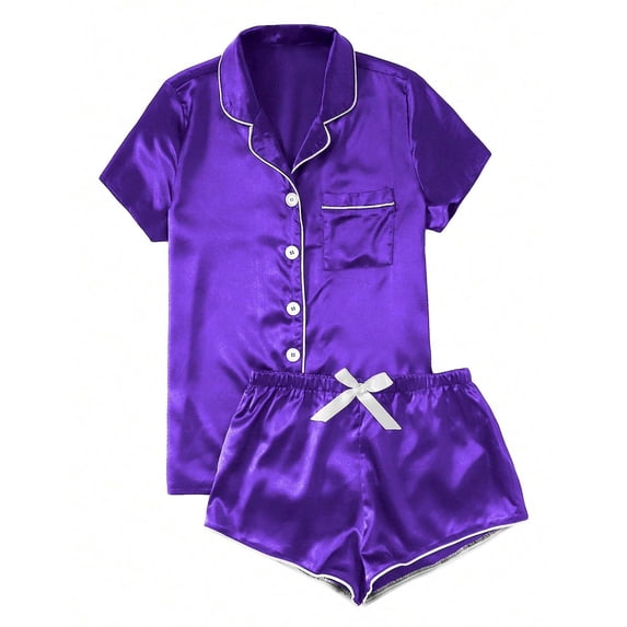 Tnhcen Women's Flirty V-Neck Sleep Set Satin Button-Up Short Sleeve Top Drawstring Shorts Solid Color Loungewear in 5 Colors​ XS-3XL