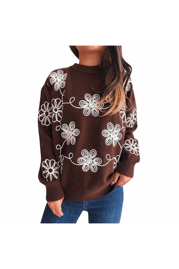 Women's Floral Appliqué Sweater Crew Neck Knit Top Nylon Spandex Blend Long Sleeve Casual Pullover Floral Embroidery Comfort Wear S-L