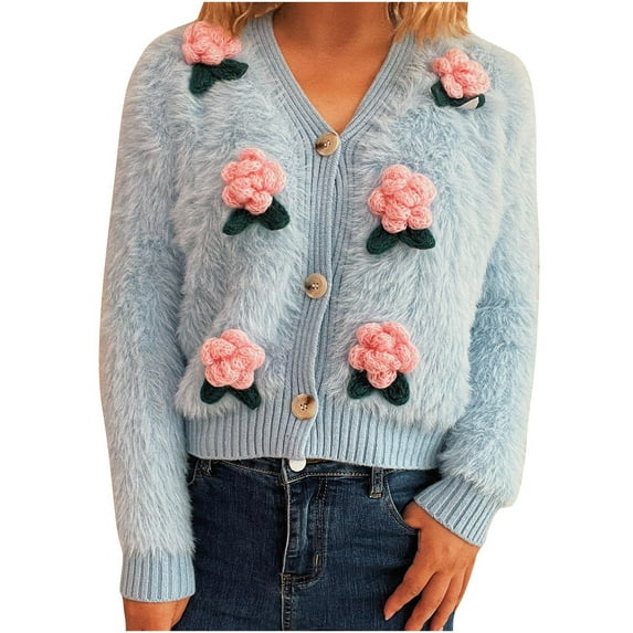Tnhcen Women's Floral Embroidered Cardigan V-Neck Plush Sweater Soft Nylon Spandex Knit Loose Fit Loungewear Cozy Fuzzy Cover-Up S-L