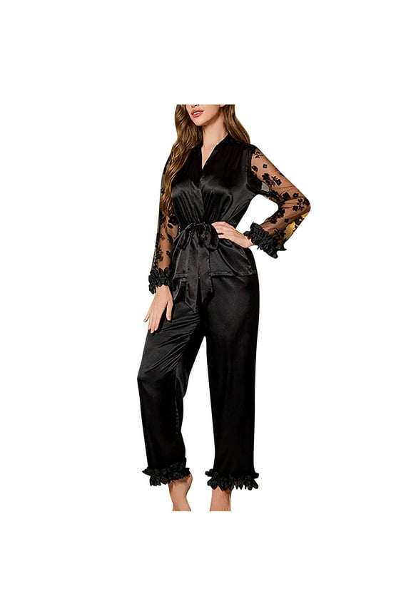 Women's Floral Embroidered Lounge Set Sheer Chiffon Sleeve Satin-Like Pajama Pants & Top for Home S-XL