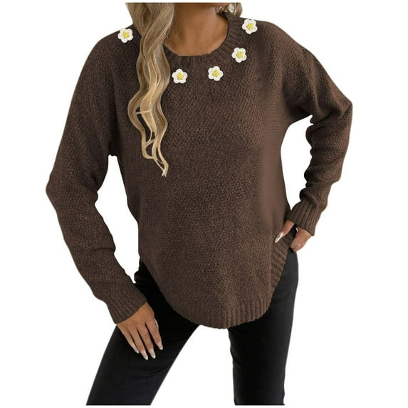 Tnhcen Women's Floral Embroidered Sweater Colorful Flower Knit Top Soft Acrylic Winter Pullover Round Neck Casual Sweater Christmas Valentine Fashion S-XL Size Women Clothing
