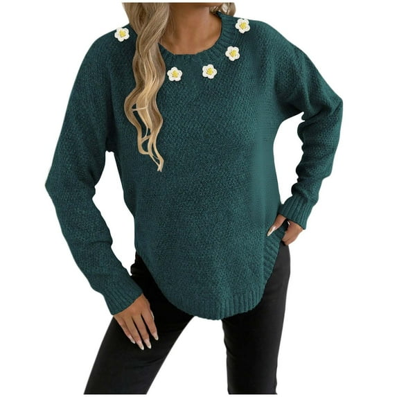Tnhcen Women's Floral Embroidered Sweater Colorful Flower Knit Top Soft Acrylic Winter Pullover Round Neck Casual Sweater Christmas Valentine Fashion S-XL Size Women Clothing