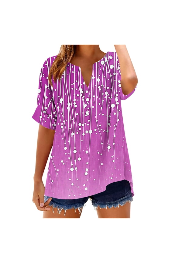Women's Floral Embroidered V-Neck Short Sleeve Top, Linen Look Crinkle Cotton Button Down Casual Blouse Loose Fit T-Shirt S-2XL