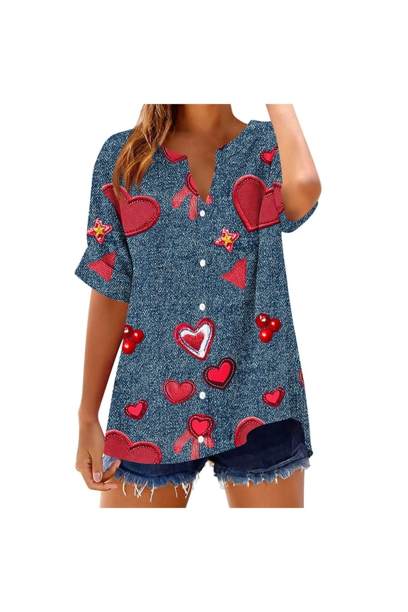 Women's Floral Embroidered V-Neck Short Sleeve Top, Linen Look Crinkle Cotton Button Down Casual Blouse Loose Fit T-Shirt S-2XL