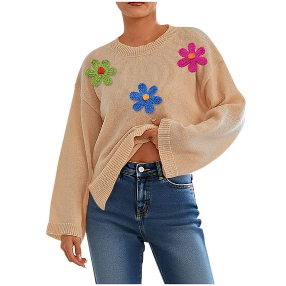 Tnhcen Women's Floral Embroidery Sweater Colorful Flower Knit Pullover Soft Acrylic Round Neck Top Bohemian Fall Winter Fashion Casual Chic Blouse Floral Print Sweater Women's