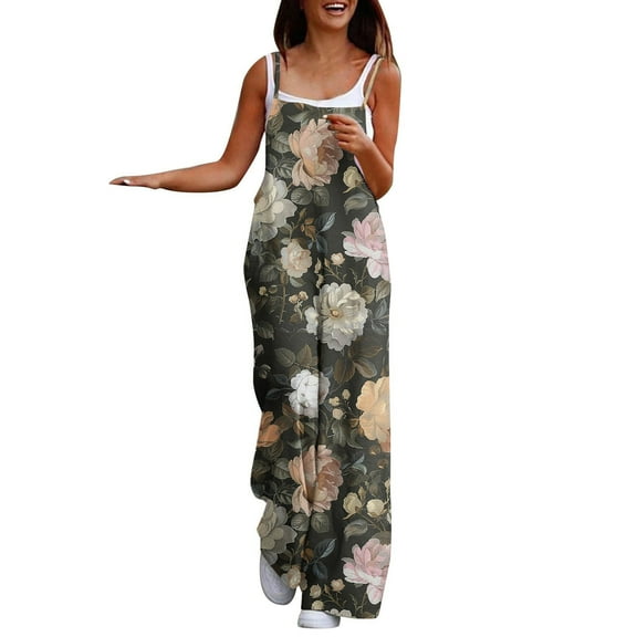 Tnhcen Women's Floral Jumpsuit - High Waisted Wide Leg Sleeveless Romper with Pockets Stretchy Casual Boho Summer Outfit for All Sizes S-3XL