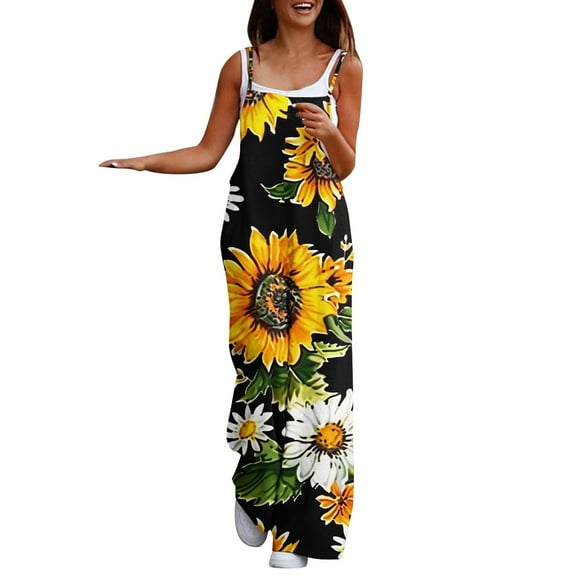 Tnhcen Women's Floral Jumpsuit - High Waisted Wide Leg Sleeveless Romper with Pockets Stretchy Casual Boho Summer Outfit for All Sizes S-3XL