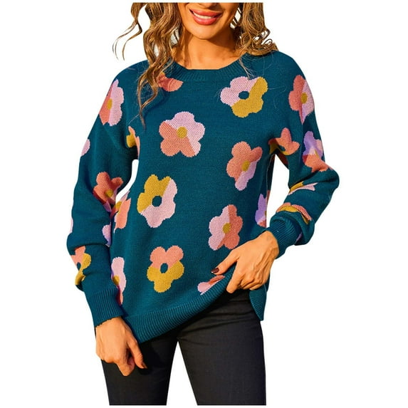 Tnhcen Women's Floral Knit Sweater Acrylic Round-Neck Top Loose Fit Casual Pullover Floral Pattern Comfort Wear Soft Warm S-XL