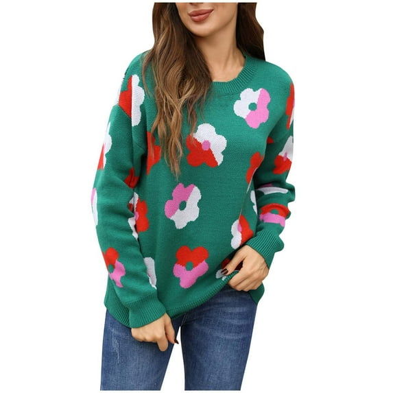 Tnhcen Women's Floral Knit Sweater Acrylic Round-Neck Top Loose Fit Casual Pullover Floral Pattern Comfort Wear Soft Warm S-XL