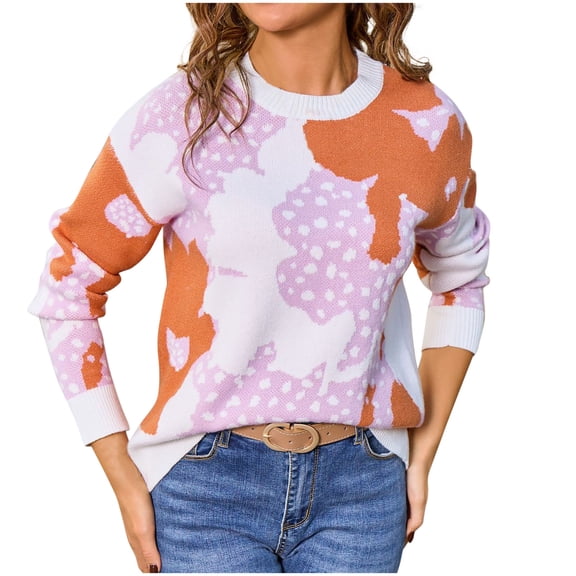 Tnhcen Women's Floral Knit Sweater Acrylic Round Neck Top Loose Fit Casual Pullover Long Sleeve Comfort Wear Winter Warm S-XL