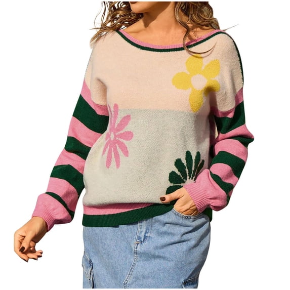 Tnhcen Women's Floral Knit Sweater Round Neck Acrylic Top Loose Fit Casual Pullover Soft Comfort Wear Floral Pattern Knitwear S-XL