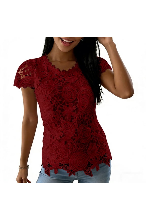 Women's Floral Lace Short Sleeve Blouse, Sexy V-Neck Trim Party Top, Elegant Hollow-Out Sleeve Casual Shirt, Plus Size S-5XL