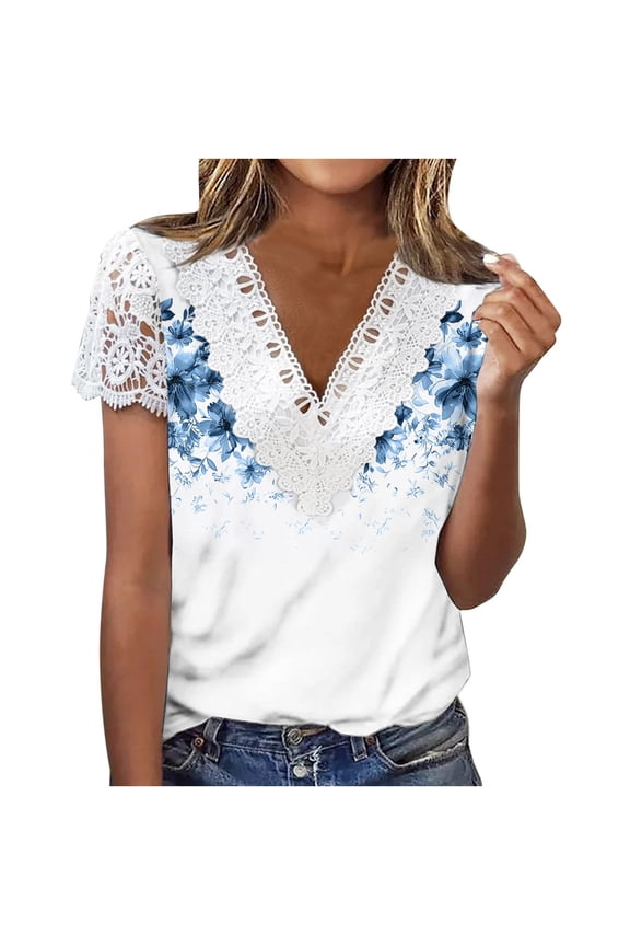 Women's Floral Lace V-Neck Top, Not-Positioned Print Short Sleeve Blouse, Plus Size S-2XL, Casual Summer Tops for Women, Stretchy 95% Polyester 5% Spandex Pullover T-Shirt