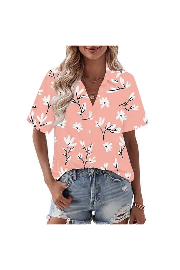 Women's Floral Print Button Down Shirt, Linen Look Short Sleeve Top with Arc Hem, Summer Casual Blouse in S-2XL, Plus Size Loose Fit Tunic