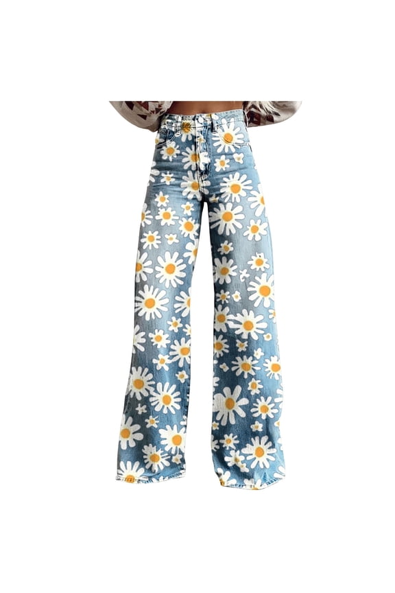 Women's Floral Print Denim Pants High Waisted Wide Leg Trousers Daisy Pattern Twill Casual Streetwear Plus Size S-5XL