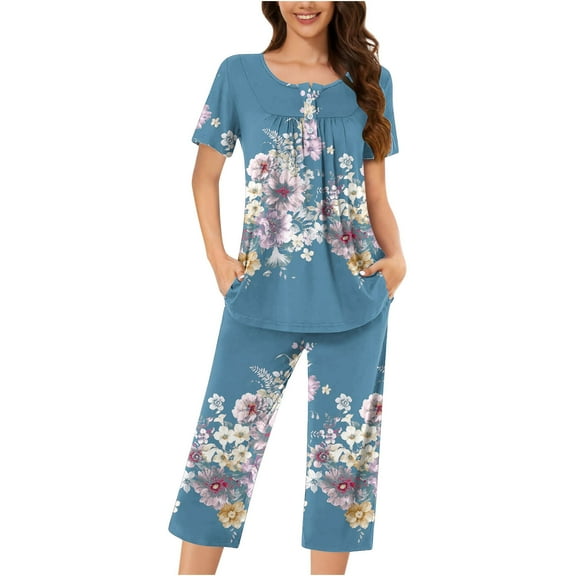Tnhcen Women's Floral Print Henley Sleepwear Set - Button-Up Top Capri Pants with Side Pockets Stretchy Polyester-Spandex Loungewear (S-3XL)