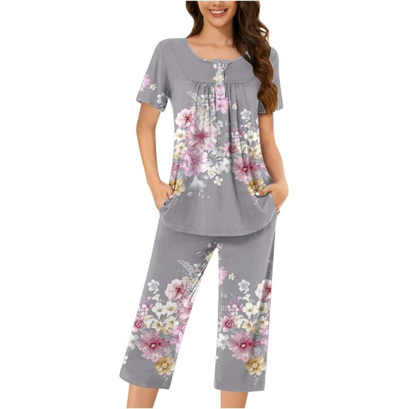 Tnhcen Women's Floral Print Henley Sleepwear Set - Button-Up Top Capri Pants with Side Pockets Stretchy Polyester-Spandex Loungewear (S-3XL)