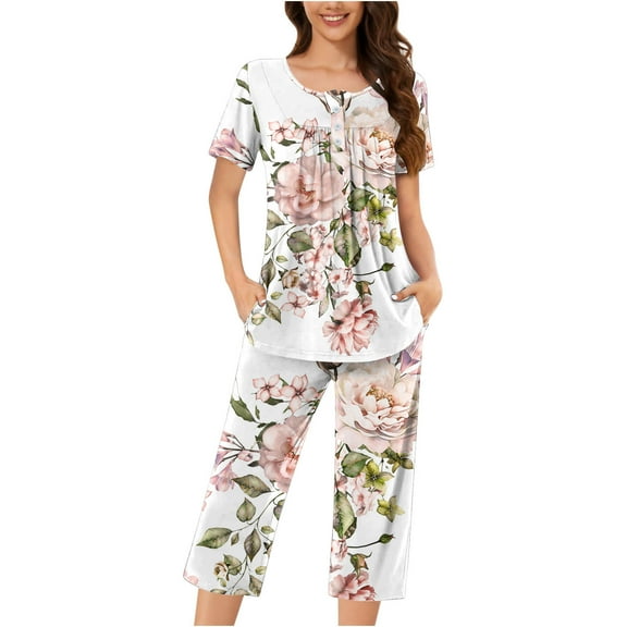 Tnhcen Women's Floral Print Henley Sleepwear Set - Button-Up Top Capri Pants with Side Pockets Stretchy Polyester-Spandex Loungewear (S-3XL)