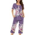 thumbnail image 1 of Tnhcen Women's Floral Print Henley Sleepwear Set - Button-Up Top Capri Pants with Side Pockets Stretchy Polyester-Spandex Loungewear (S-3XL), 1 of 5