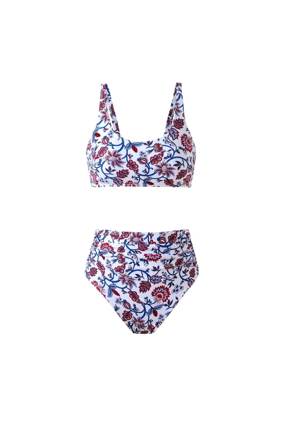 Women's Floral Print High Waisted Bikini Set, Nylon Spandex Two Piece Swimsuit, Plus Size Tankini Swimsuit S - XL, Matte Finish Beachwear Swimwear for Women Summer Vacation