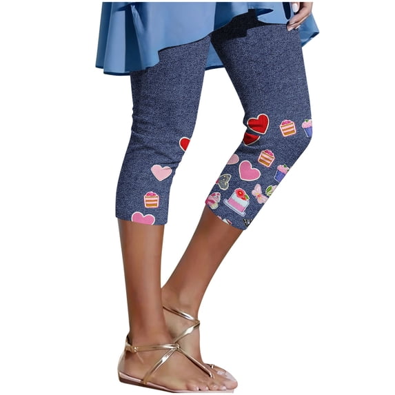 Tnhcen Women's Floral Print High Waisted Yoga Pants Denim Look 7/8 Length Workout Leggings for Women, Butter Soft Stretchy Capris with Rose Pattern S-3XL