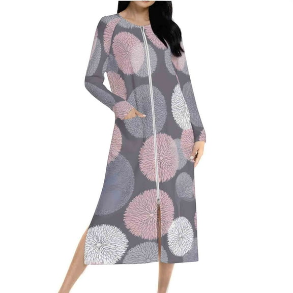 Tnhcen Women's Floral Print Pajama Dress with Pockets Long Sleeve Nightgown Zipper Front Sleepwear Home Lounge Dress Raglan Sleeve Double-Sided Fleece Milk Fabric S-2XL