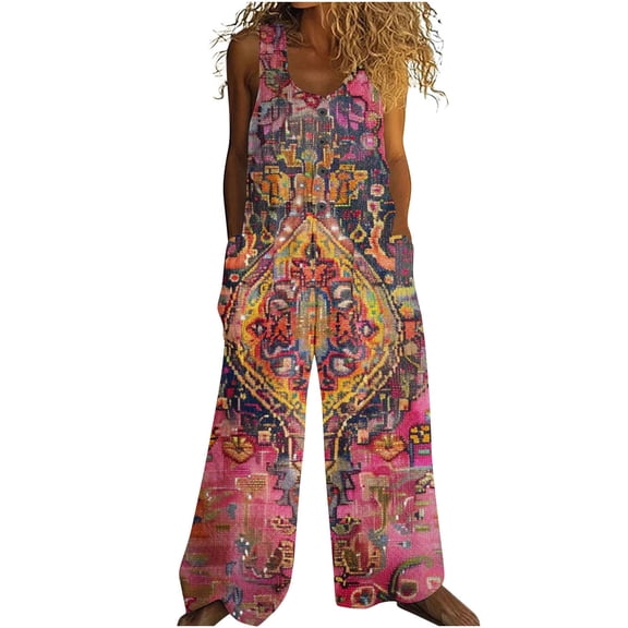 Tnhcen Women’s Floral Print Romper 2025 Summer Sleeveless Jumpsuit with Pockets | Retro Lightweight Pre-shrunk Cotton-like Casual Pants Romper for Women S-2XL