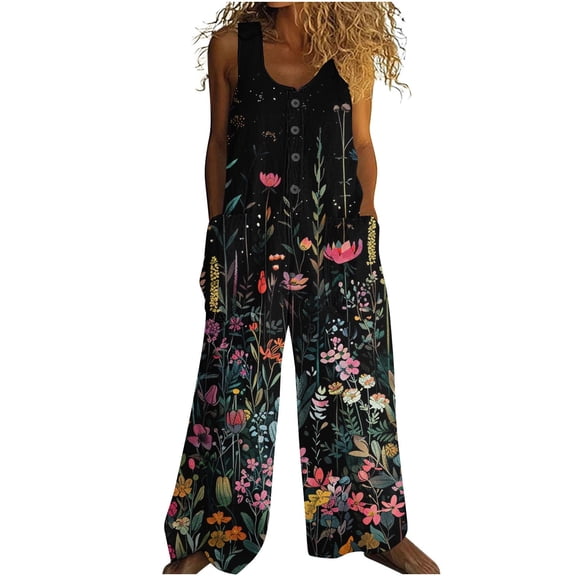 Tnhcen Women’s Floral Print Romper 2025 Summer Sleeveless Jumpsuit with Pockets | Retro Lightweight Pre-shrunk Cotton-like Casual Pants Romper for Women S-2XL