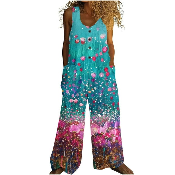 Tnhcen Women’s Floral Print Romper 2025 Summer Sleeveless Jumpsuit with Pockets | Retro Lightweight Pre-shrunk Cotton-like Casual Pants Romper for Women S-2XL