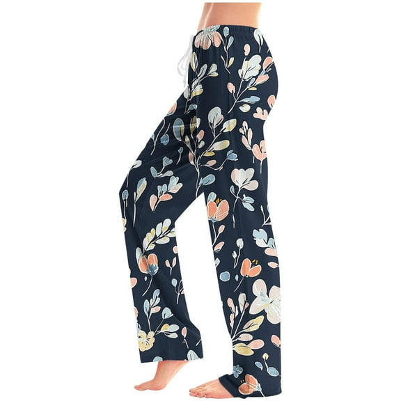 Tnhcen Women's Floral Print Sleep Pants Loose Fit Lounge Pants with Pockets Drawstring Elastic Waist Sleepwear Soft Breathable Wide Leg Pajamas S-3XL
